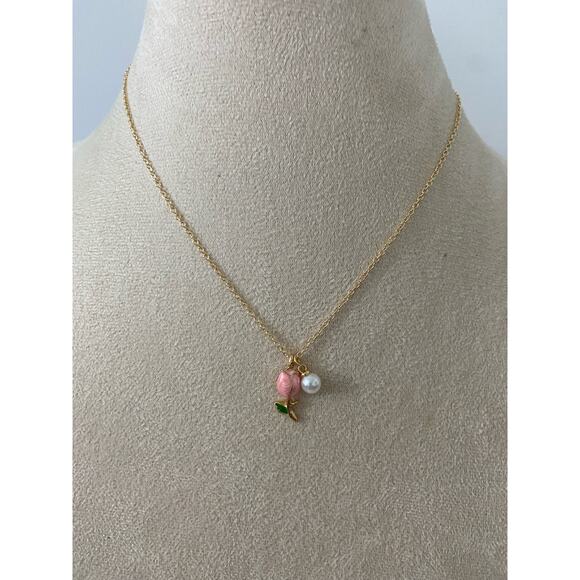 Pink tulip pendant necklace gold tone - Picture 1 of 4